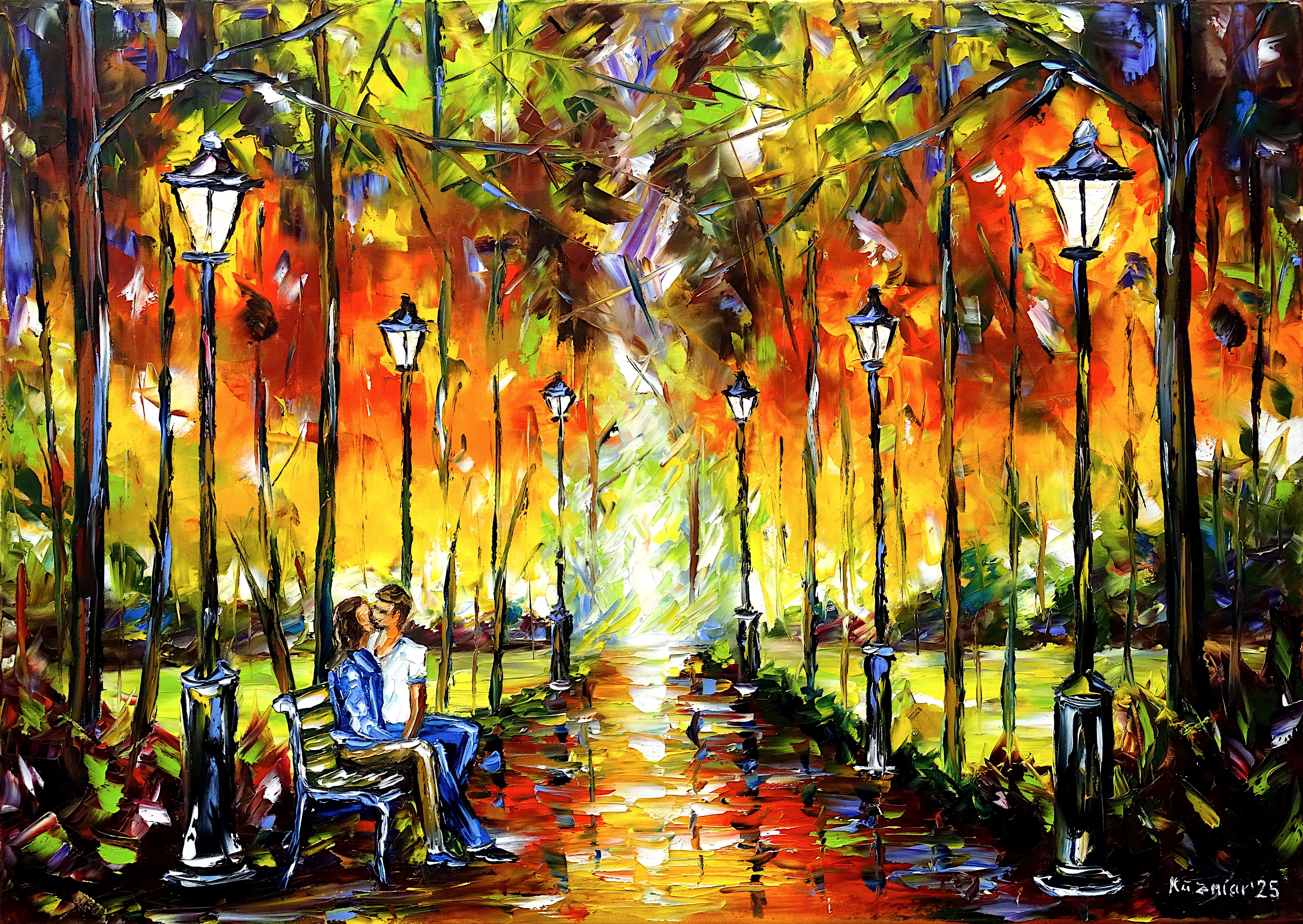 couple in love,lovers,love couple,people in love,kissing,love kiss,park bench,sitting,lanterns,in the evening,dusk,park landscape,romantic,romance,love,being in love,young love,I love you,evening light,evening mood,peaceful,loving,colorful,vivid,vibrant,palette knife,oil painting,expressive art,expressive painting,impressionism,lively colors,colorful painting,impasto painting