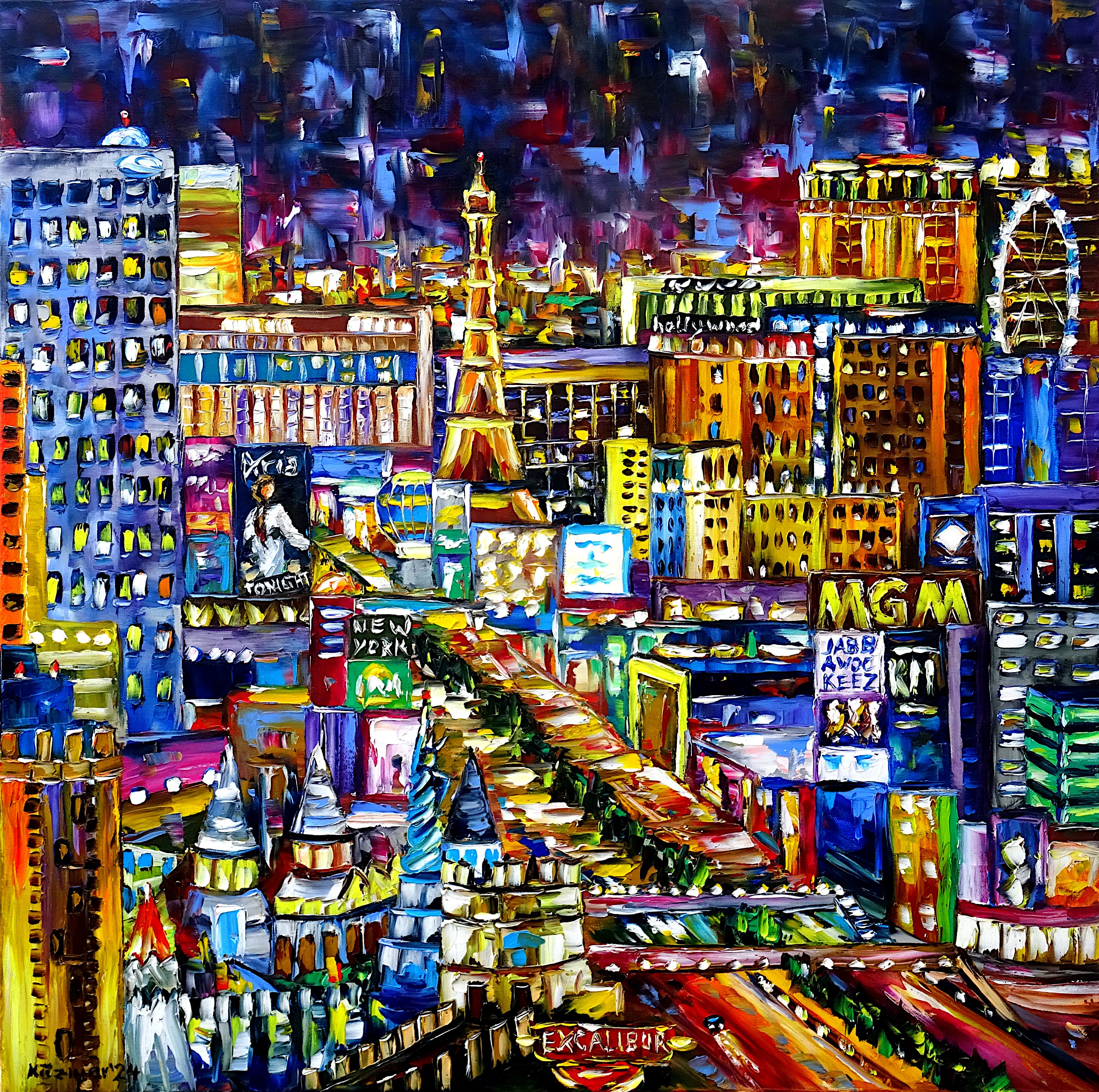 las vegas,las vegas skyline,las vegas from above,las vegas view,las vegas picture,las vegas painting,eiffel tower,statue of liberty,casinos,shining city,luminous city,liveliness,vibrant,colorful city,sparkling night sky,luminous advertising signs,city nightlife,ferris wheel,fairytale city,square format,palette knife oil painting,expressive art,expressive painting,expressionism,lively colors,colorful painting,impasto painting,figurative