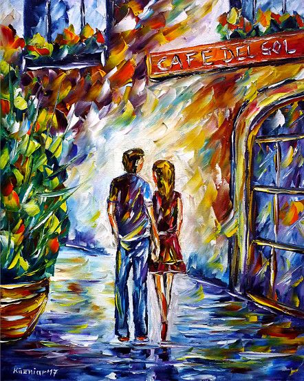 oilpainting, impressionism, love, walking, handinhand,cityscape, younglove, cafedelsol,cafe, restaurant, italy,spain