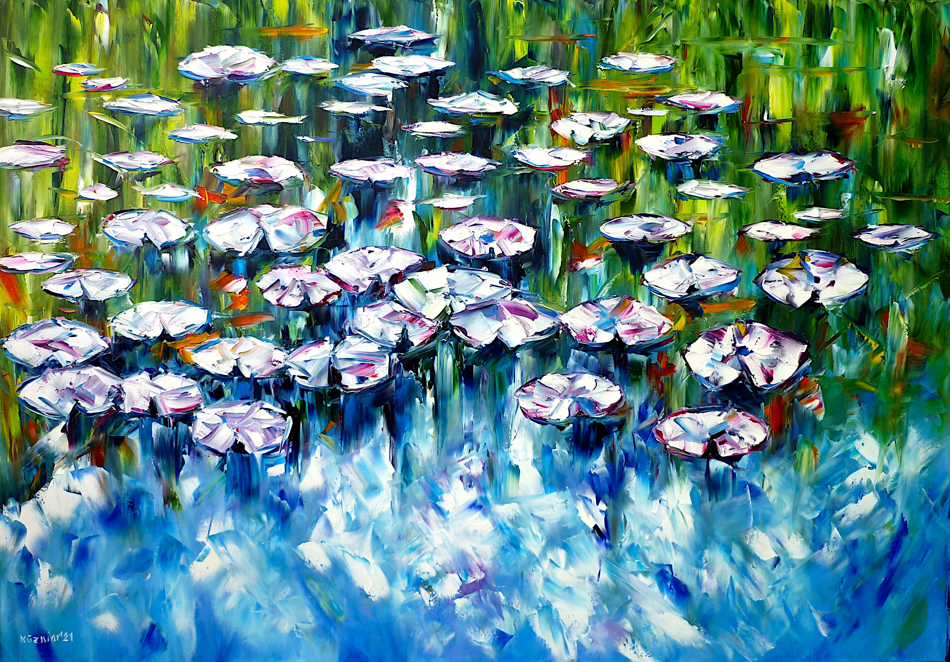 pond painting,lilies on the water,water flowers,claude monet,garden pond,pond in the garden,water lilies,lotus flowers,garden painting,rose pond,sky reflection,cloud reflections in the water,flowers in the water,flowers in the pond,flower pond,blue-green picture,blue-green painting,joy,friendly picture,friendly painting,peace,peaceful picture,peaceful painting,palette knife oil painting,modernart,impressionism,expressionism,figurative,abstract painting,lively colours,colorful painting,bright colors,light reflections,impasto painting,living room art,living room picture,living room painting