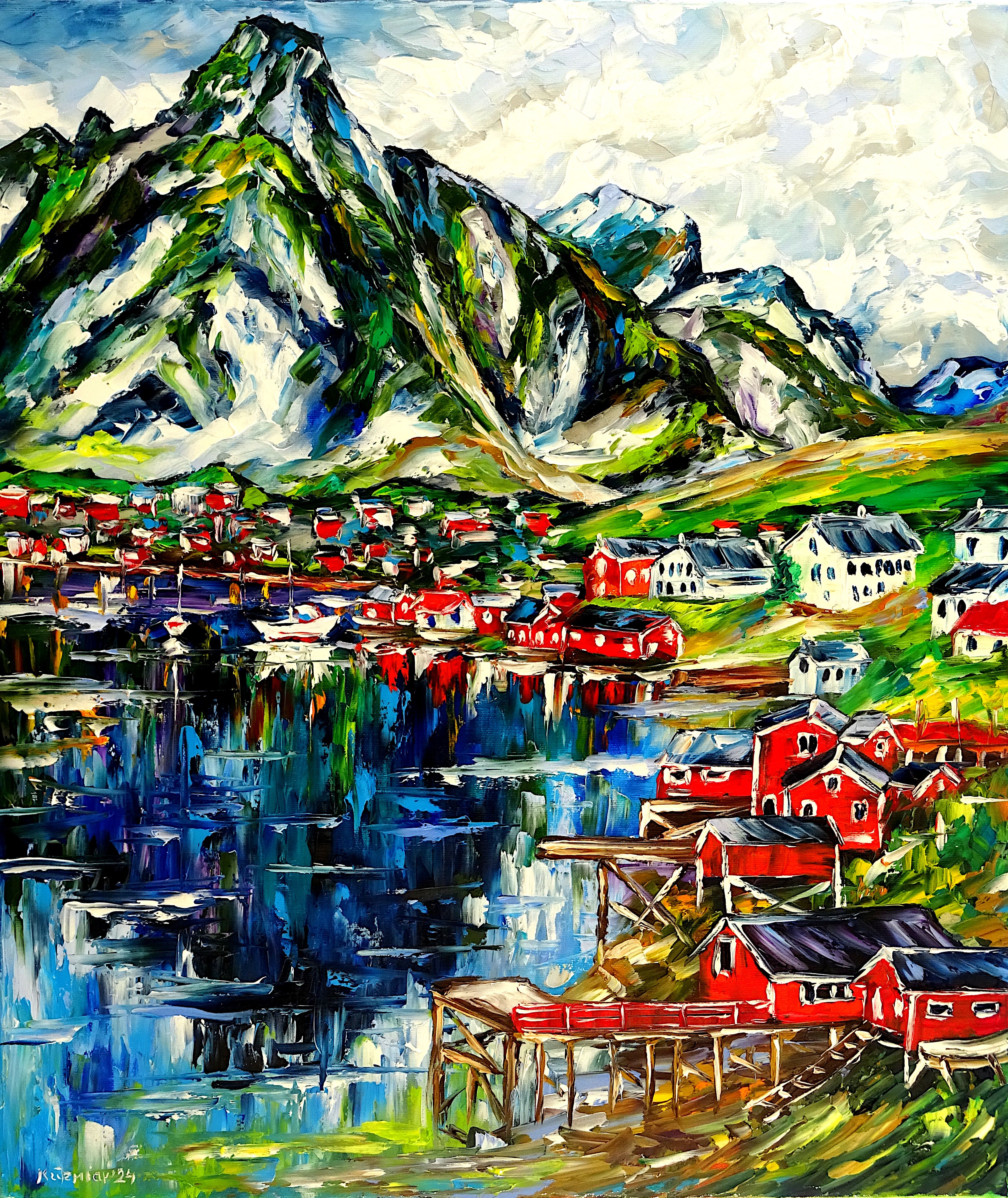 lofoten-inseln,lofoten landschaft,lofoten dorf,fischerdorf,norwegen,fjord,rote häuser,lofoten bild,lofoten gemälde,Wasser,Reflexion,dynamisch,norwegische landschaft,berglandschaft,landschaft abstrakt,berge abstrakt,fjord abstrakt,skandinavien,friedlich,lebendigkeit,Spachtel Ölgemälde,ölmalerei,spachtelmalerei,spachteltechnik,expressive Kunst,expressionismus,expressive Malerei,lebendige Farben,bunte Malerei,impasto Malerei,figurativ