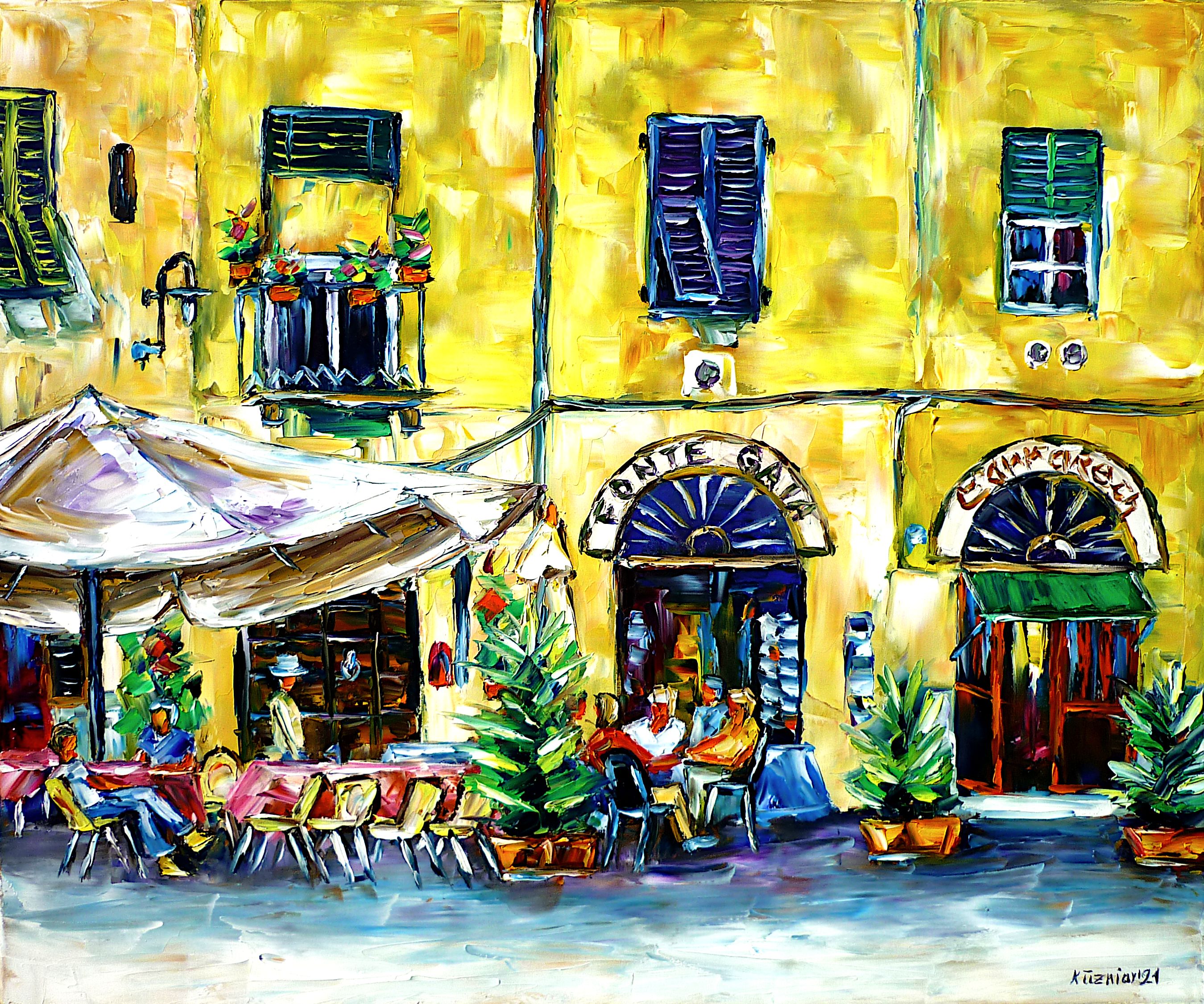 people in the cafe,lucca in summer,sitting in the cafe,sitting outside,people in summer,enjoying summer,cafe in lucca,lucca caffe,lucca gelateria,lucca bar,lucca cityscape,lucca city scenery,beautiful tuscany,tuscany romance,tuscany picture,lucca painting,tuscany love,summer painting,italy lovers,summer feelings,summer colors,tuscany sun,sunlight,summer in italy,summer in tuscany,joy,friendly picture,friendly painting,peace,peaceful picture,peaceful painting,palette knife oil painting,modernart,impressionism,expressionism,figurative,abstract painting,lively colours,colorful painting,bright colors,light reflections,impasto painting,living room art,living room picture,living room painting