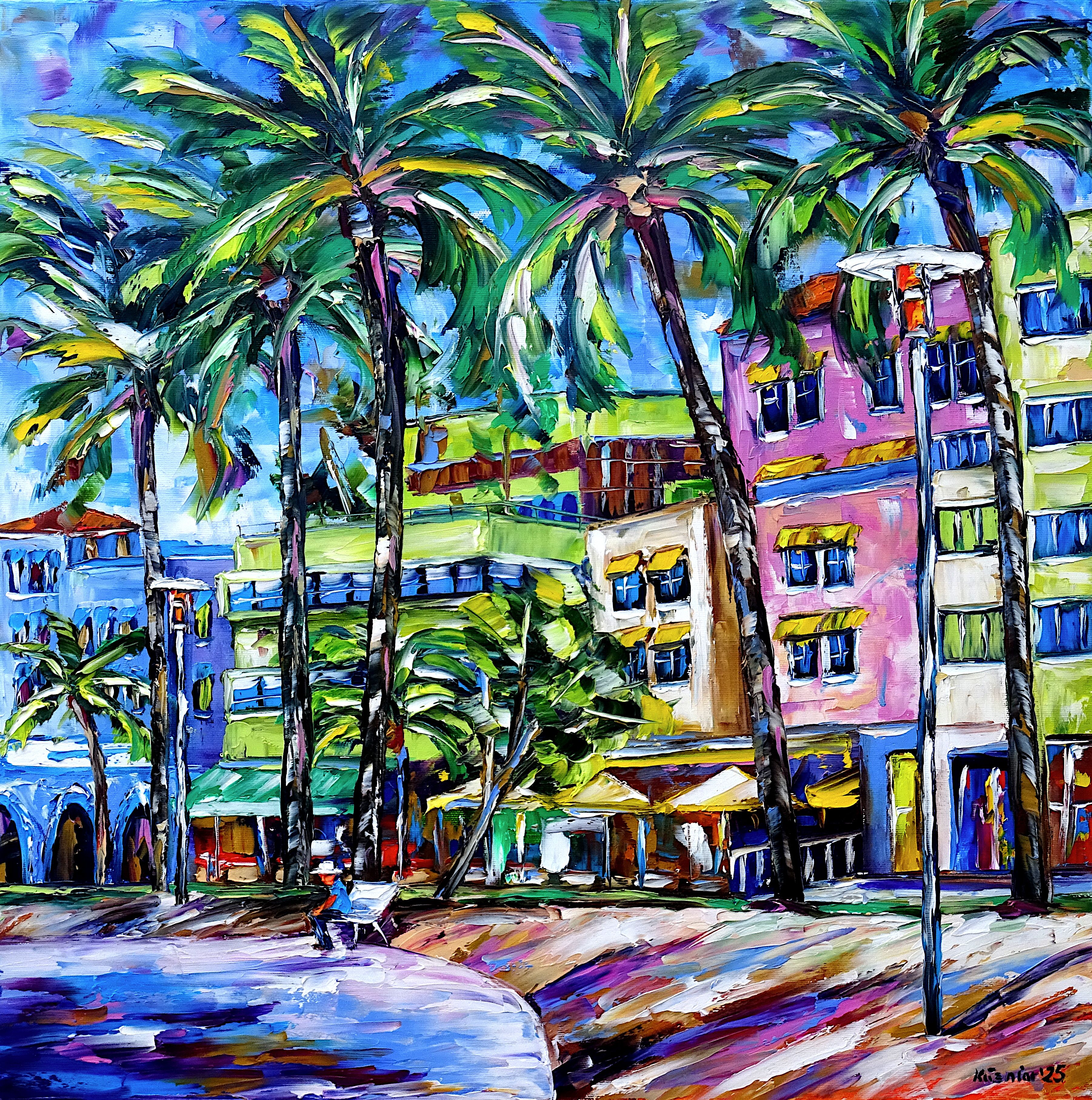 miami beach,cityscape,palm trees,florida,older man,bench,sitting,summer,vacation,summer feelings,summer painting,summer time,pastel tones,square format,square painting,peaceful,vivid,vibrant,palette knife oil painting,expressive art,expressive painting,expressionism,lively colors,colorful painting,impasto painting,figurative