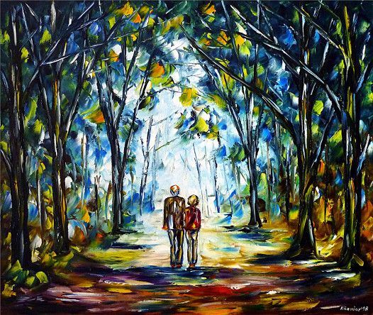 oilpainting,modern,impressionism,retirees,retiredcouple,pensioners,walking,park,forest,landscape,landscapepainting,oldpeople, seniors,awalkinthemorning,healthy,natural,nature