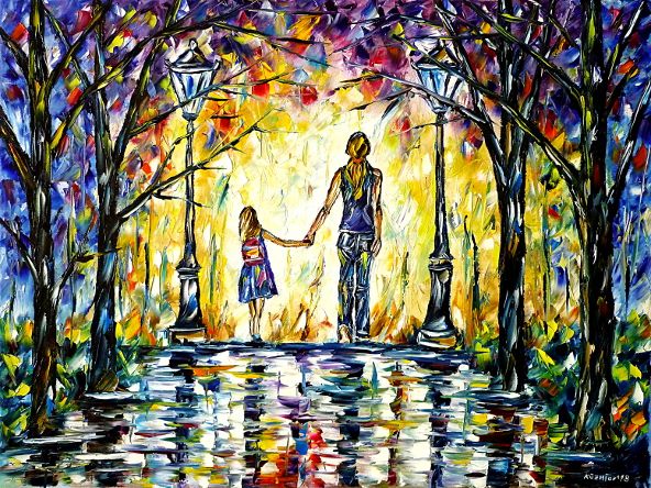 oilpainting,modern,impressionism,Mother with child,walking,Mother with daughter in the park,people-painting,children-painting,landscape,lantern,colorful,schoolgirl,schoolchild