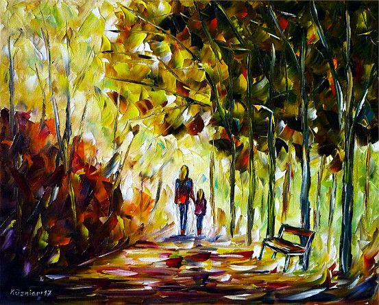oilpainting, impressionism, autumn, autumnpark, walking, landscapepainting, nature,child