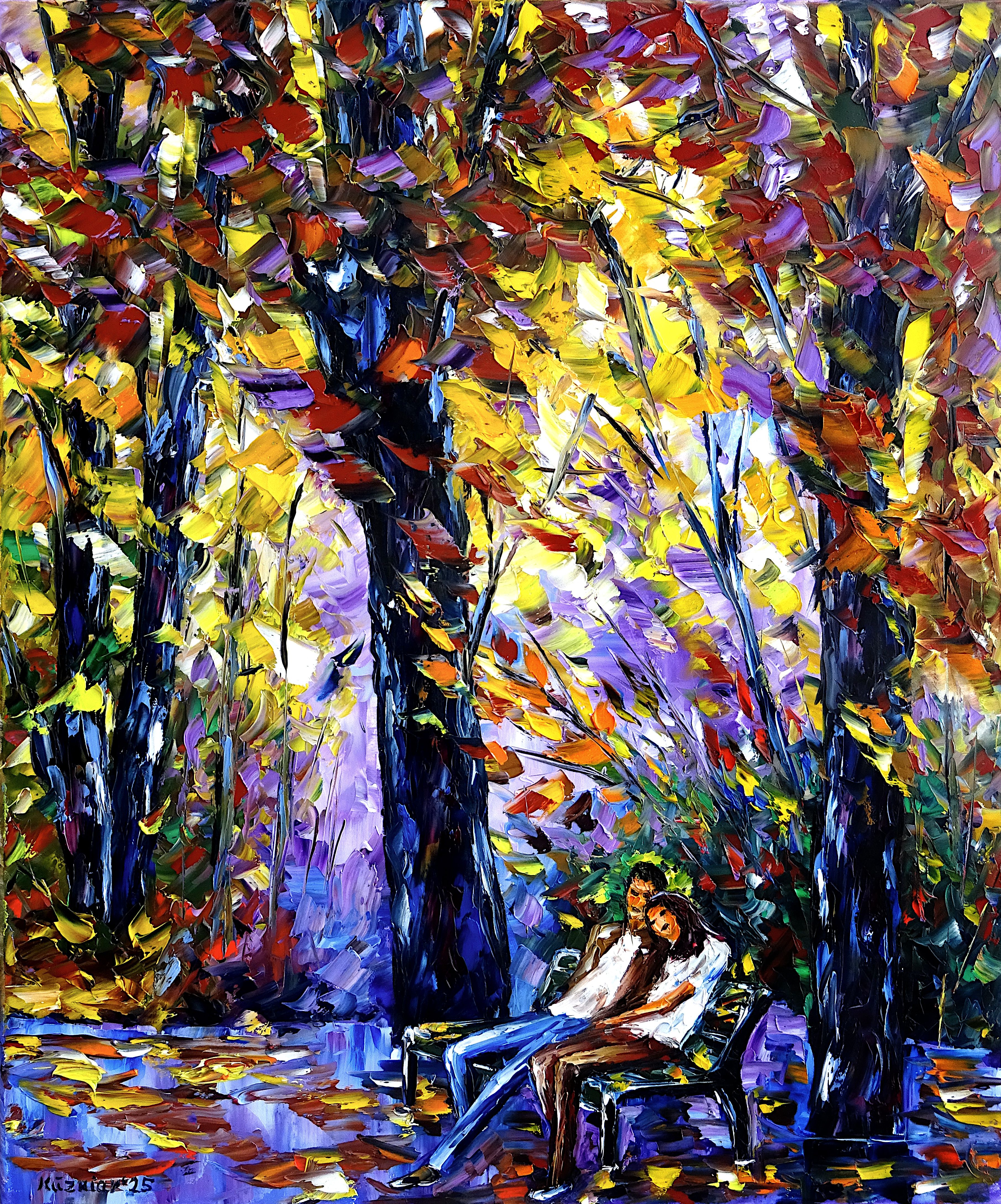 love couple,lovers,park bench,sitting,autumn,autumn park,romantic,romance,love,autumn trees,autumn leaves,dreaming,relaxing,violet,park landscape,autumn mood,autumn romance,autumn colors,autumn landscape,autumn painting,portrait format,colorful,vivid,vibrant,palette knife,oil painting,expressive art,expressive painting,impressionism,lively colors,colorful painting,impasto painting