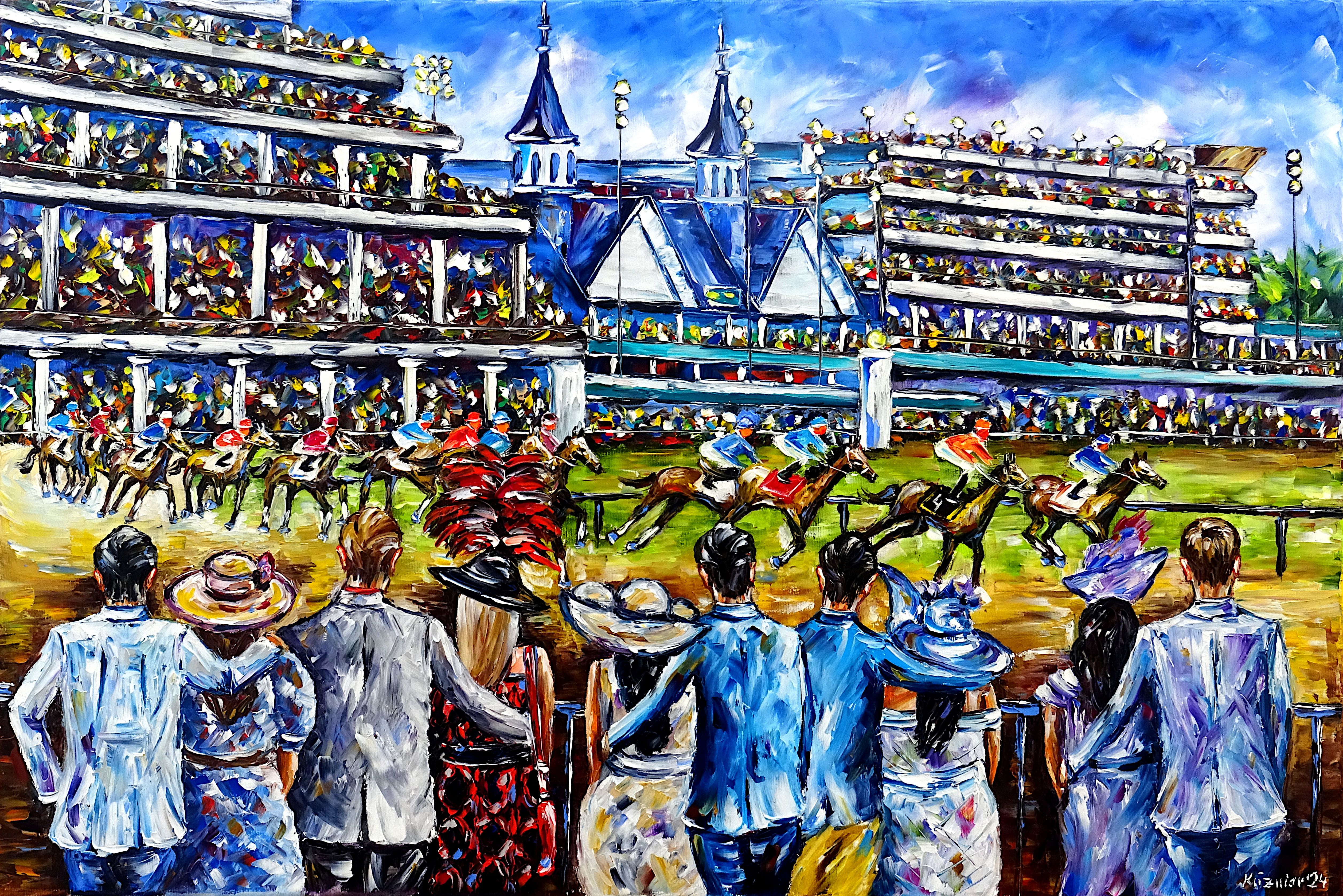 kentucky derby,horse racing,equestrian sport,jockeys,horse racing in kentucky,people at horse racing,horses,horse derby,riding,riders,love of horses,horse lovers,I love horses,horse painting,horse picture,sport,sport painting,love of sports,sportsmen,sports lovers,palette knife oil painting,expressive art,expressive painting,expressionism,lively colors,colorful painting,impasto painting,figurative