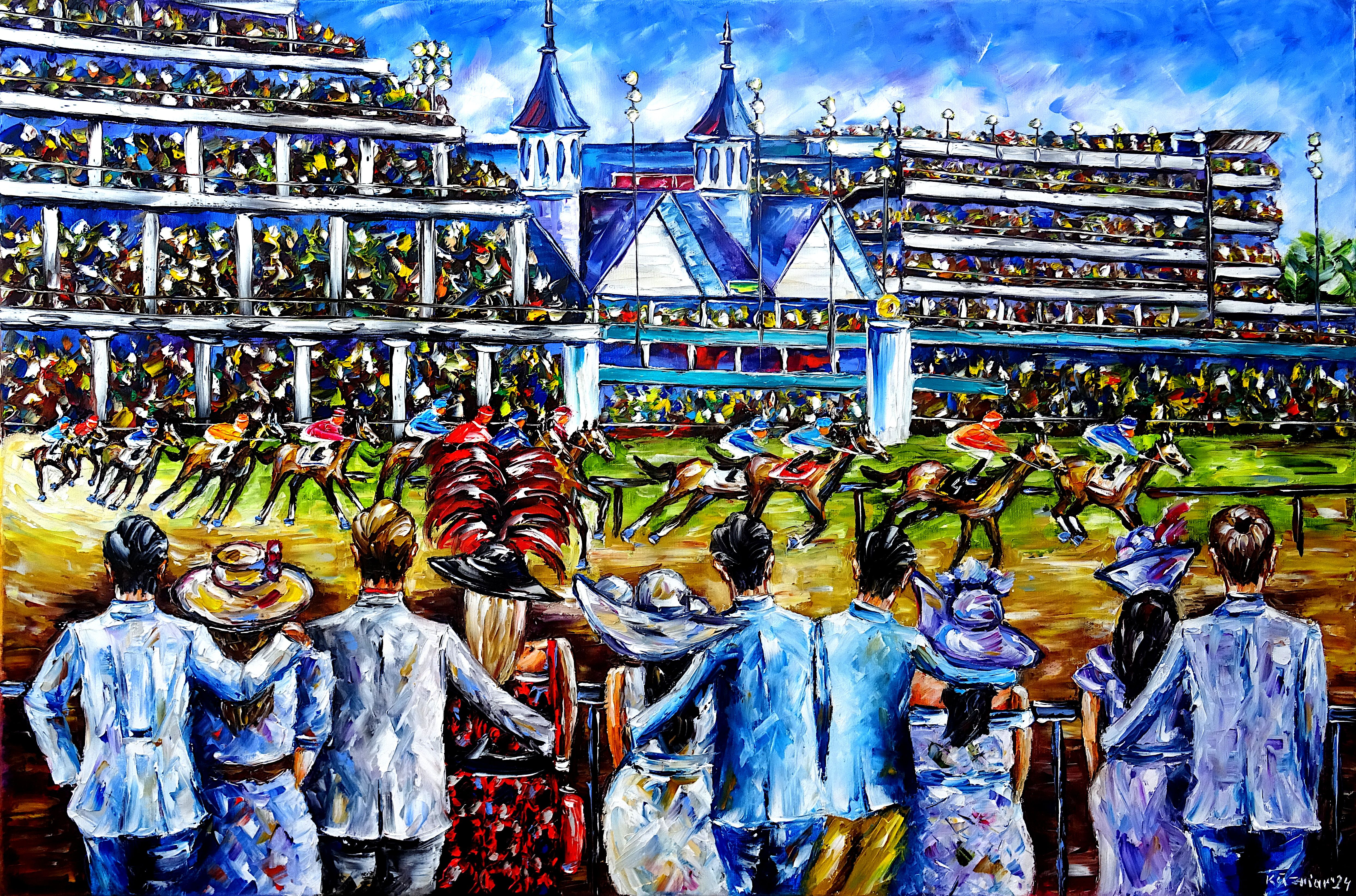 kentucky derby,horse racing,equestrian sport,jockeys,horse racing in kentucky,people at horse racing,horses,horse derby,riding,riders,love of horses,horse lovers,I love horses,horse painting,horse picture,sport,sport painting,love of sports,sportsmen,sports lovers,palette knife oil painting,expressive art,expressive painting,expressionism,lively colors,colorful painting,impasto painting,figurative