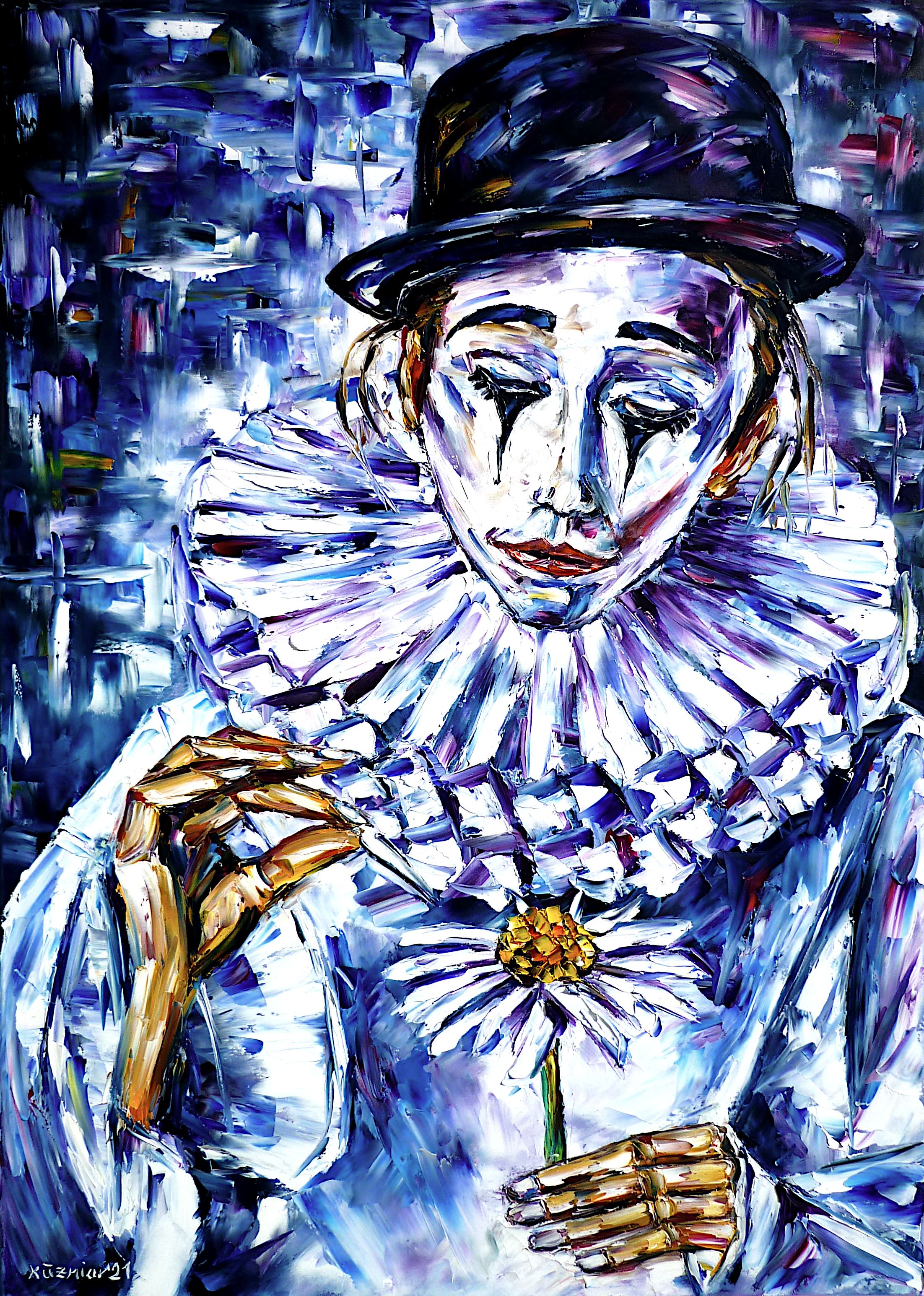 pierrot,pierrotpicture,pierrotpainting,femalepierrot,sadclown,clownwithhat,femaleclown,clownpainting,clownwithflower,pierrotwithflower,femalemimearist,pantomime,circus,sadness,grief,sadperson,sadpeople,sadface,clownface,helovesme,helovesmenot,shelovesme,shedoesn'tloveme,pierrotwithhat,sadeyes,whiteface,clownlove,iloveclowns,circuslove,brightpainting,peacefulpainting,cheerfulpainting,friendlyscene,friendlypainting,paletteknifeoilpainting,modernart,impressionism,expressionism,figurative,abstractpainting,livelypainting,colorfulpainting,livelycolours,brightcolors,lightreflections,impastopainting,livingroompainting,livingroomart