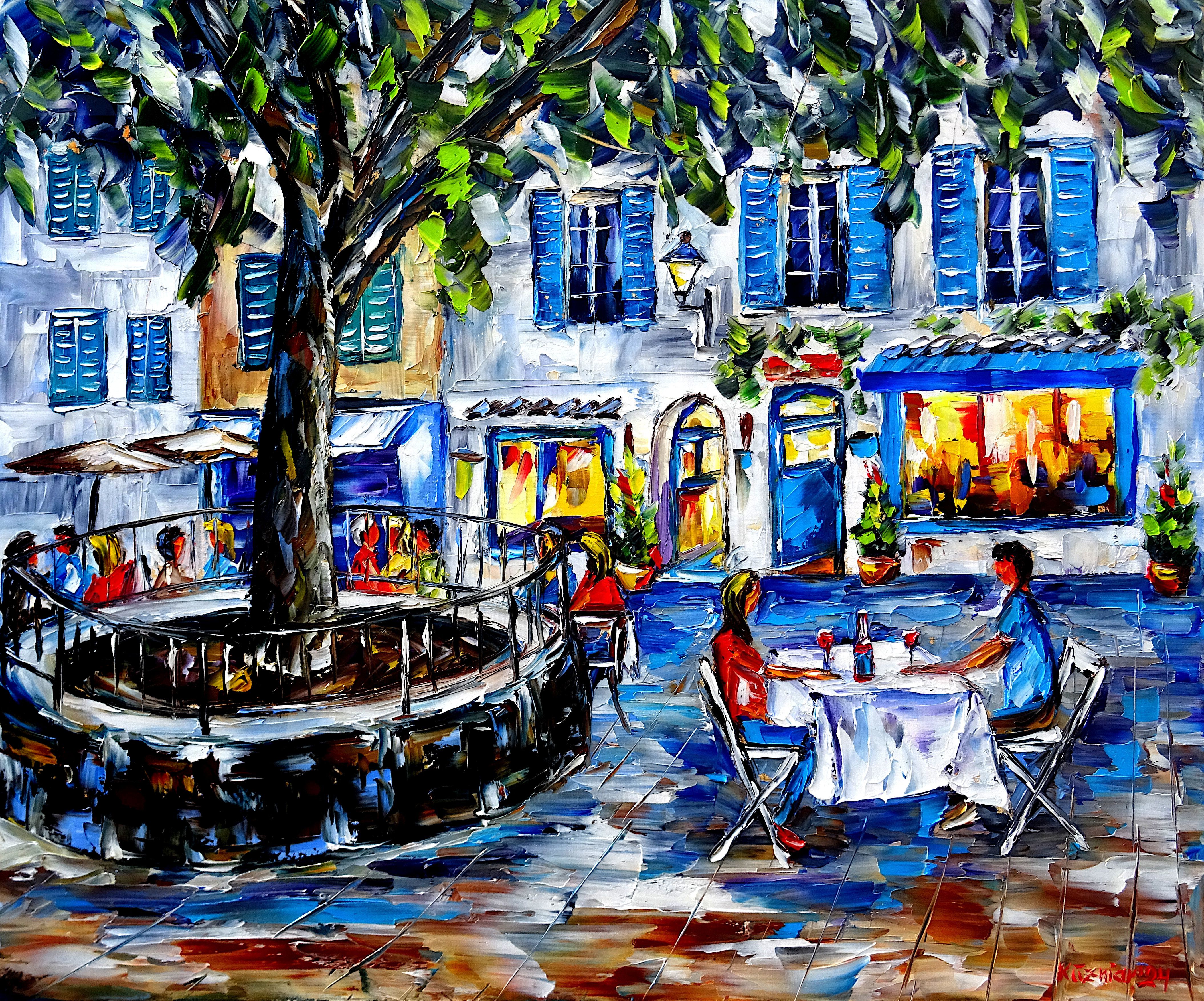 Saint-Tropez,summer in Saint-Tropez,Saint-Tropez café,people in the café,in the café outside,lovers at the table,drinking red wine,street café in Saint-Tropez,sitting under the tree,in the early evening,light from the window,light in the window,evening mood,summer evening,Côte d'Azur,southern France,Provence,summer in southern France,summer in Provence,Saint-Tropez cityscape,Saint-Tropez city scene,summer feelings,summer picture,summer painting,summer colors,Saint-Tropez in summer,People in Saint-Tropez,people in summer,France love,beautiful Provence,colors of Provence,
Provence idyll,Saint-Tropez painting,Saint-Tropez picture,palette knife oil painting,expressive art,expressive painting,expressionism,lively colors,
colorful painting,impasto painting,figurative