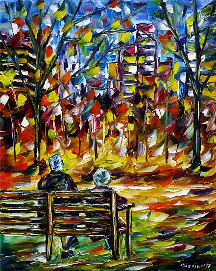 oilpainting, impressionism, autumn, retiree, bench, sitting, city