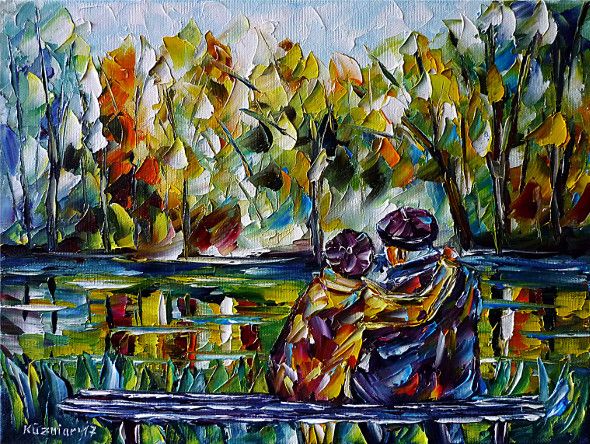oilpainting, impressionism, retiree, pensioners, seniors, lake, bench, sitting, autumn