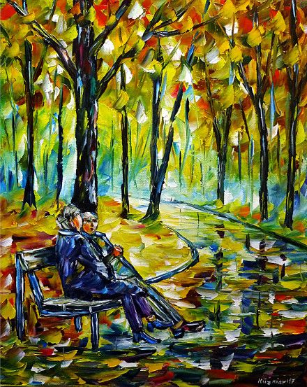 oilpainting, impressionism, autumn, retiree, bench, sitting, landscape, autumnlandscape