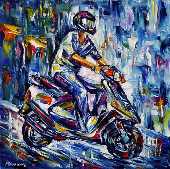 oilpainting,modern,impressionism,motorscooter,scooterdriving