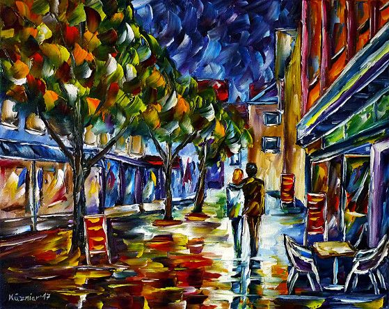 oilpainting, impressionism, lovecouple, walking, cityscape, evening