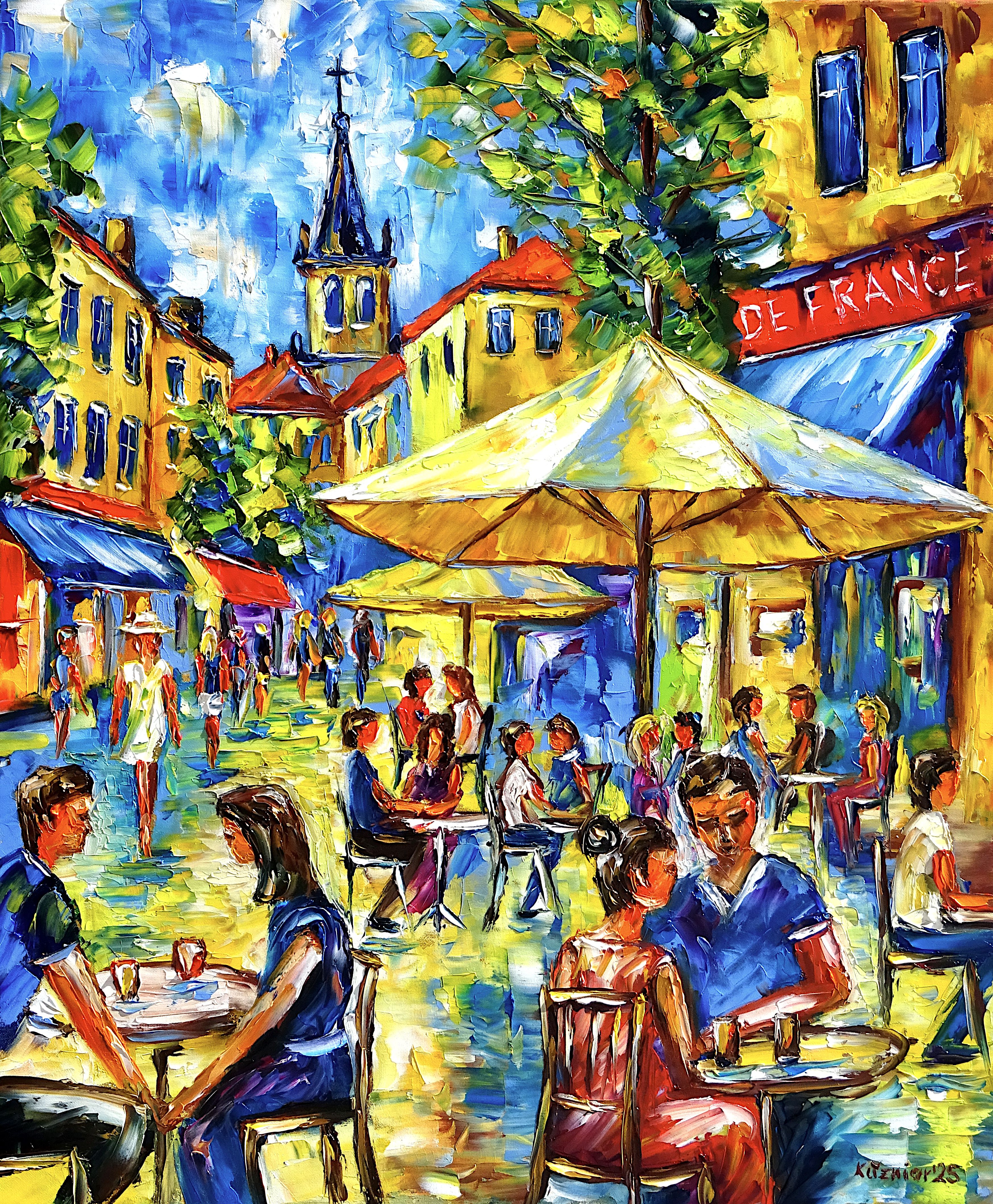 café,sommer,straßencafé,stadtleben,cafészenerie,menschen,liebespaar,sommerfreude,sonnenschirm,südfrankreich,provence,caféstimmung,sommergemälde,draßen sitzen,sommer genießen,gelbes gemälde,glücklich,glückliche menschen,glückliches leben,sommergefühle,schönes leben,cafe gemälde,hochformat,farbenfroh,Spachtel Ölgemälde,ölmalerei,spachtelmalerei,spachteltechnik,expressive Kunst,impressionismus,expressive Malerei,lebendige Farben,bunte Malerei,impasto Malerei