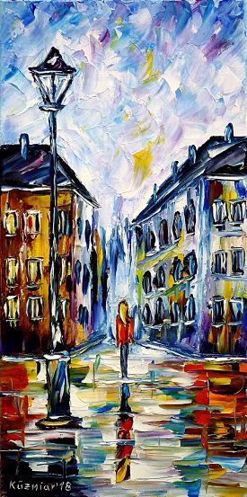 oilpainting,modern,impressionism,cityscape,citypainting,woman,girl,walking,alone,colorful,rainyday,cityintherain,raininthecity,wetstreets,lantern,streetlantern