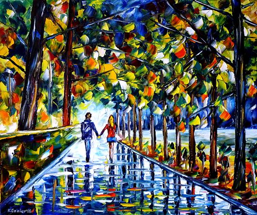 oilpainting,modern,impressionism,lovecouple,lovers,walking,handinhand,landscapepainting,park,nature,summer,autumn,spring,autumnmood,rain,wetstreet,rainyday,autumnday,lively,colorful