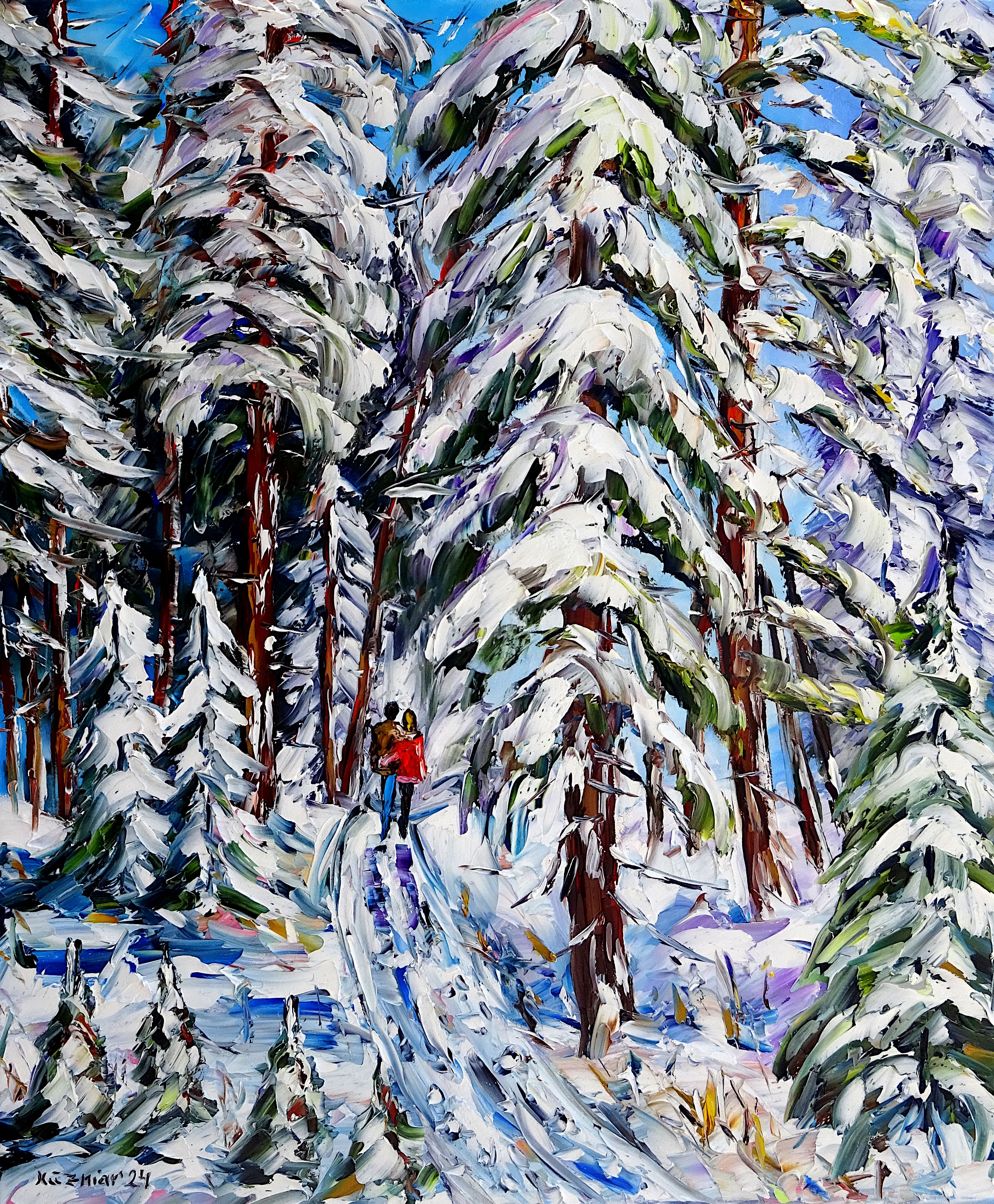 winterlandschaft,winterpfad,liebespaar,umarmt,spazieren,winterromantik,winterwald,winterspaziergang,weißer winter,schnee,weiße bäume,weiße landschaft,winterbäume,winter abstrakt,landschaftsgemälde,landschaftsbild,winter art,hochformat,winterfarben,winterzeit,winterstimmung,weihnachten,weihnachtszeit,weihnachtsstimmung,friedlich,winterliebe,winterschönheit,lebendigkeit,Spachtel Ölgemälde,ölmalerei,spachtelmalerei,spachteltechnik,expressive Kunst,expressionismus,expressive Malerei,lebendige Farben,bunte Malerei,impasto Malerei,figurativ