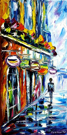 oilpainting,modern,impressionism,cityscape,citypainting,man,walking,alone,colorful,rainyday,cityintherain,raininthecity,wetstreets,flowersinwindow