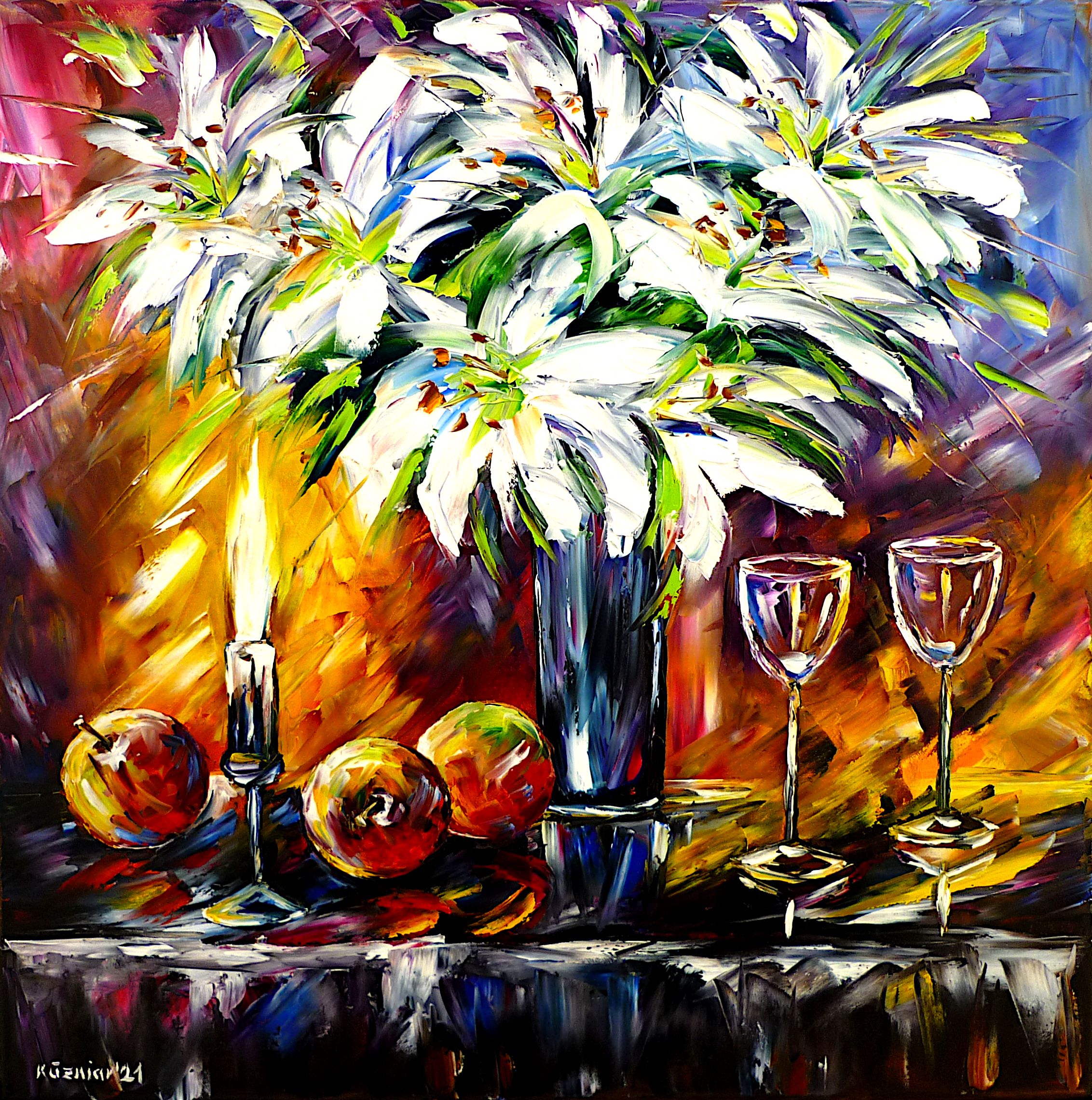 Fruit still life,apples and flowers,floral still life,white flowers,flowers in vase,lily bouquet,flower bouquet,lily fragrance,floral fragrance,lily love,flower love,burning candle,apple flower candle,floristry,lily painting,flower painting,square picture,square painting,square format,shot glasses,wine glasses,wine glass,dark still life painting,modern still life,colorful still life,still life with candle,candle on the table,romance,romantic picture,romantic painting,still life abstract,cheerful picture,joy,friendly picture,friendly painting,peaceful picture,peaceful painting,palette knife oil painting,modernart,figurative,impressionism,abstract painting,lively colors,colorful painting,bright colors,light reflections,impasto painting,dining room art,dining room picture,dining room painting