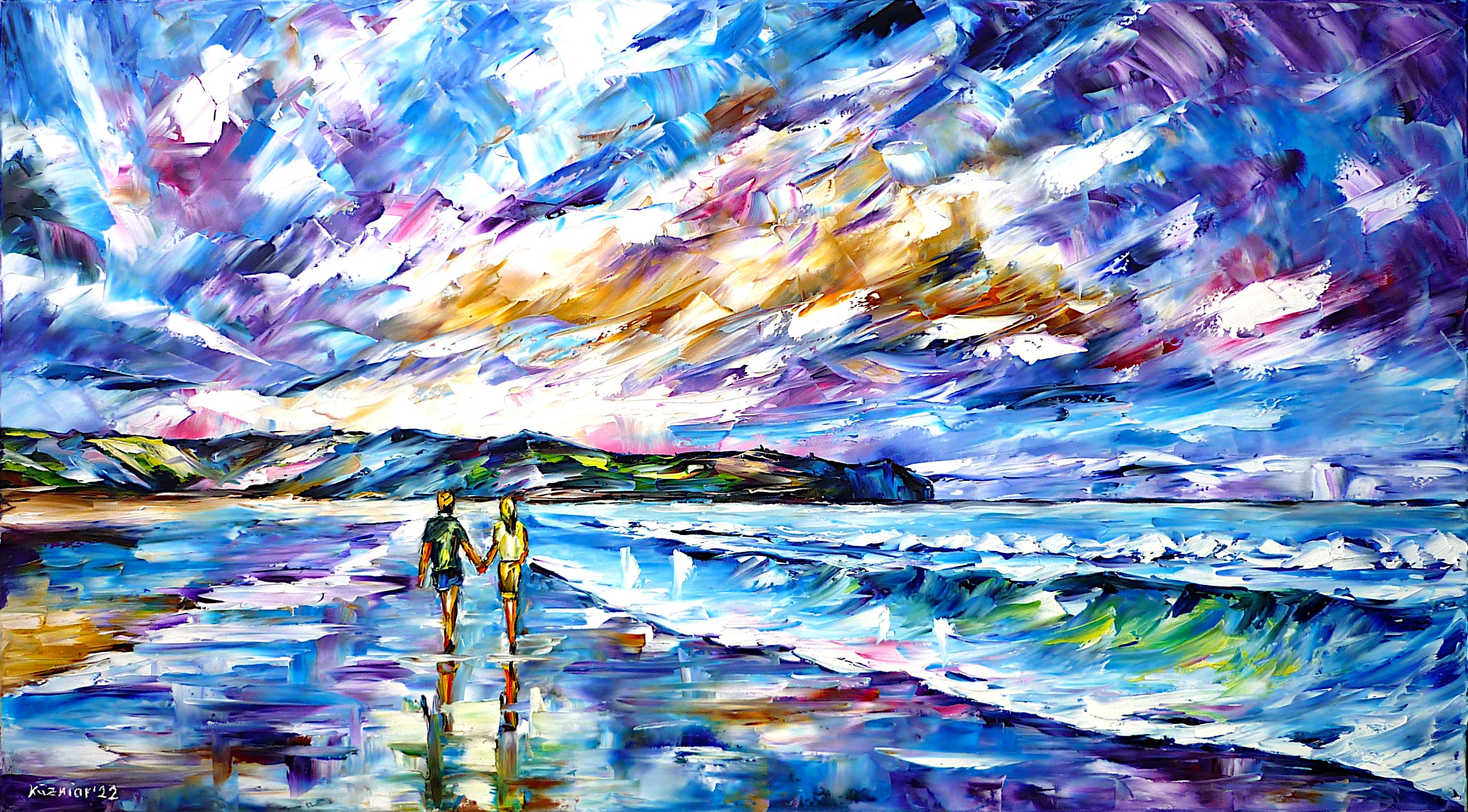People on the beach,couple in love on the beach,walking on the beach,holding hands,walking hand in hand,beach scene,people in love,couple in love,by the sea,beach waves,seascape,people by the sea,sky over the sea,abstract sky,menacing sky,people by the water,romantic scene,romantic picture,romantic painting,beach painting,sea painting,love,romance,horizontal format,wave lapping,wave foam,blue tones,blue colors,blue picture,palette knife oil painting,modern art,impressionism,expressionism,abstract painting,lively colors,colorful painting,bright colors,light reflections,impasto painting,figurative