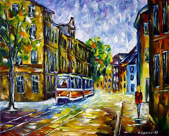oilpainting, impressionism, tram, lightrail, thueringen, cityscape, eastgermany, trolley