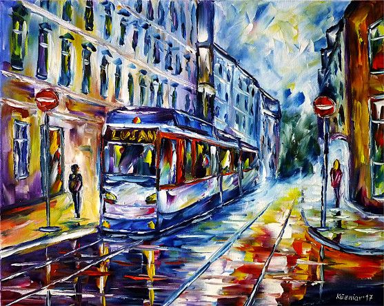 oilpainting, impressionism, lightrail, thueringen, cityscape, eastgermany, trolley