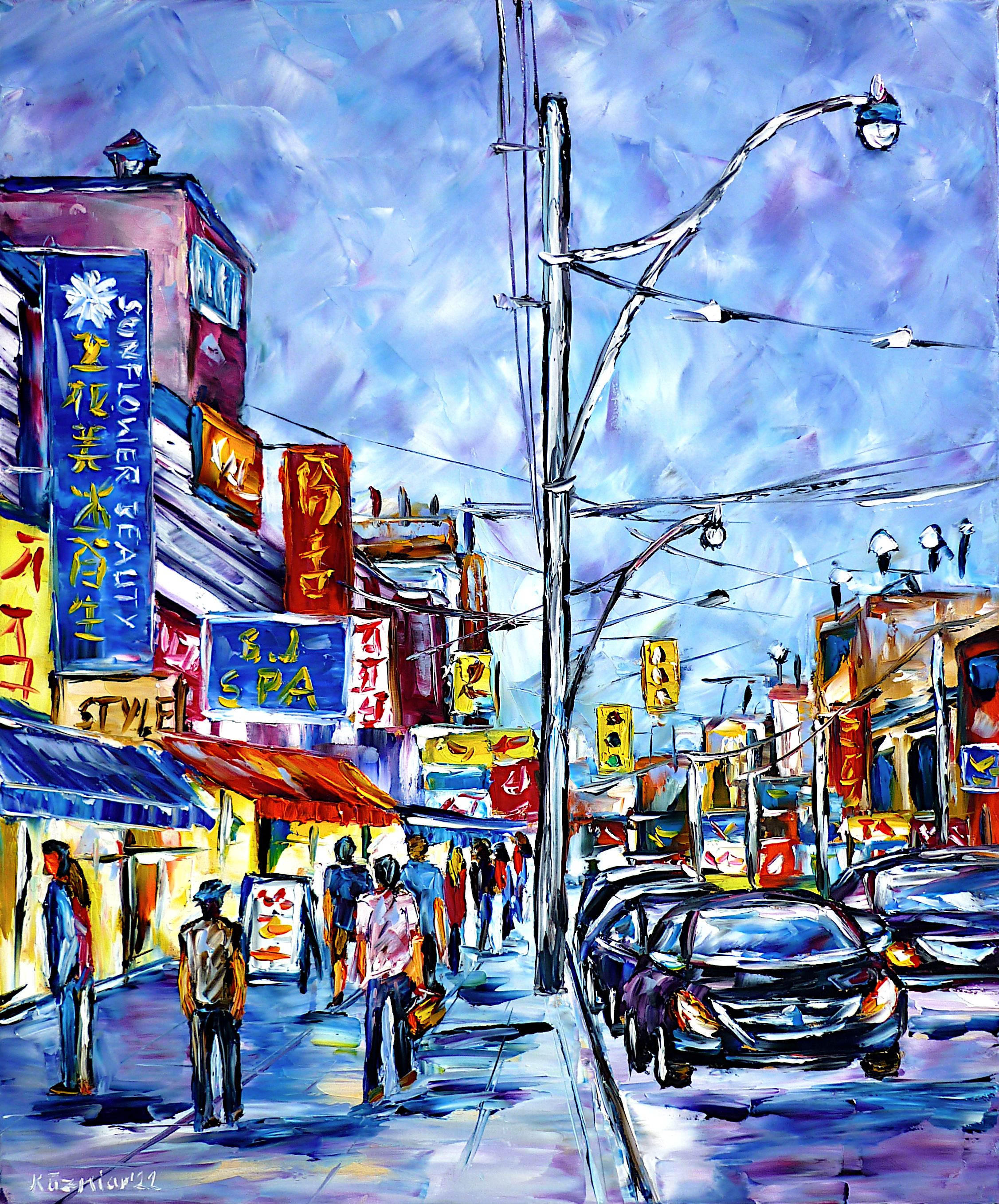 toronto street light,toronto lanterns,city stroll,people in front of storefronts,people in front of shopwindows,standing in front of storefronts,sky over toronto,toronto cars,signage,busy city,city walk,in the streets of toronto,chinatown streets,city power lines,hanging power cords,toronto cityscape,toronto city scene,toronto painting,toronto picture,chinatown city scene,toronto street traffic,pedestrians,toronto streetscape,chinatown street scene,colorful city,canada painting,toronto houses and buildings,city life,city people,toronto love,toronto lovers,toronto cityscape,canada love,canada lovers,palette knife oil painting,modern art,impressionism,expressionism,abstract painting,lively colors,colorful painting,bright colors,light reflections,impasto painting,figurative