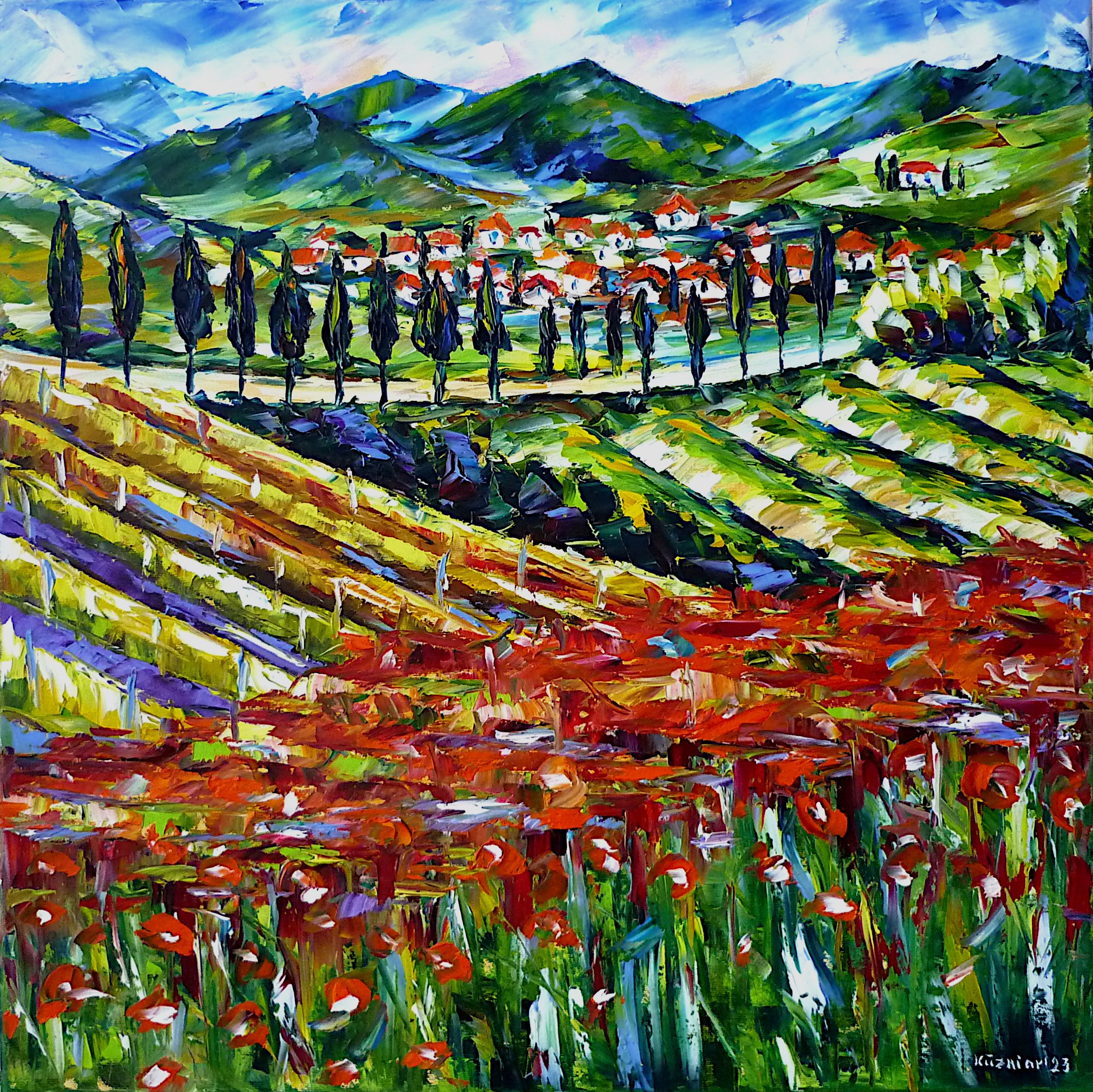 tuscany picture,tuscany painting,fields of tuscany,toscana painting,tuscany art,tuscany poppy fields,red poppy fields,cypresses,village in tuscany,mountains of tuscany,chianti,colline del chianti,monti del chianti,beautiful tuscany,tuscany beauty,summer landscape,summer painting,summer feelings,summer in tuscany,landscape painting,tuscany love,tuscany lover,i love tuscany,tuscany abstract,italy,tuscany idyll,country idyll,italian landscape,beautiful italy,square painting,square format,square picture,palette knife oil painting,modern art,figurative art,figurative painting,contemporary painting,abstract painting,lively colors,colorful painting,bright colors,impasto painting