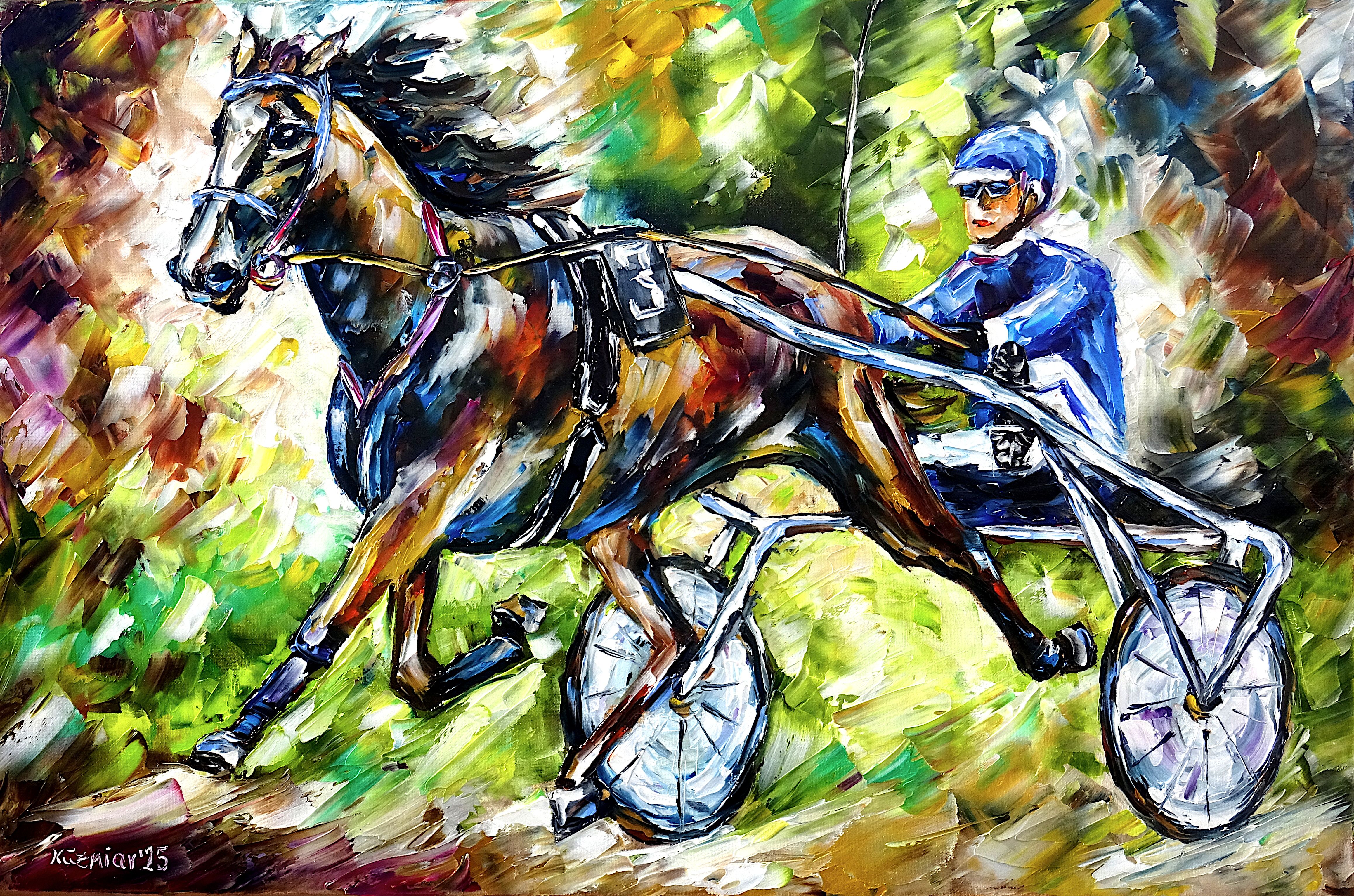 horses,horse,horse racing,horse with carriage,harness racing,equestrian sport,horse painting,harness racer,gait,trot,trotter,horse love,horse art,sports painting,sports art,vivid,vibrant,palette knife,oil painting,expressive art,expressive painting,impressionism,lively colors,colorful painting,impasto painting,figurative