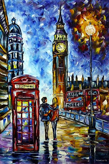oilpainting,modern,impressionism,london-in-the-evening,lovecouple,walking,love,phone-box,westminster,big-ben,bus,double-decker,lantern-in-the-evening,cityscape