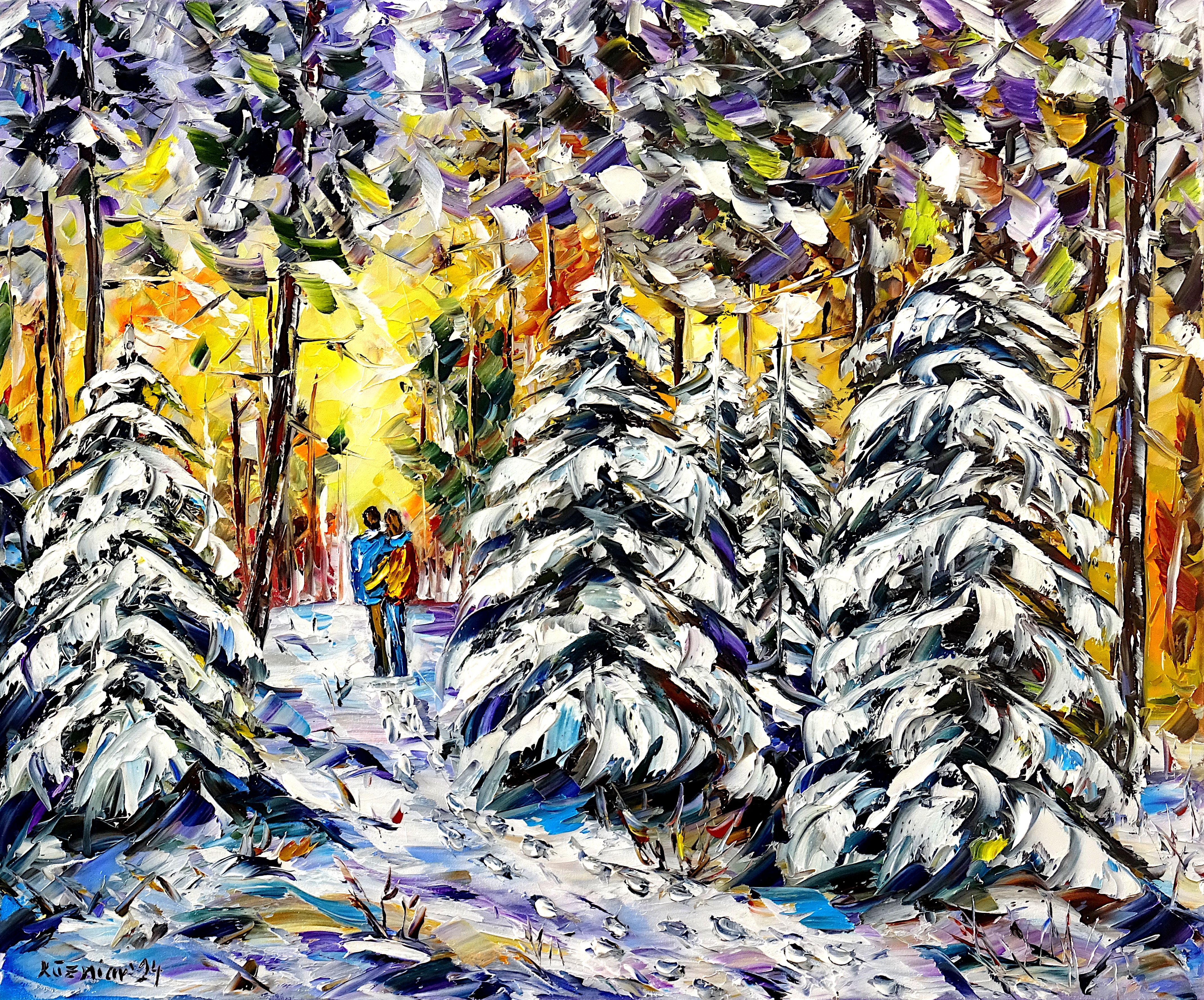 winterlandschaft,liebespaar,umarmt,spazieren,winterromantik,winterwald,winterspaziergang,tannenbäume,spuren im schnee,wintersonne,weißer winter,schnee,weiße bäume,weiße landschaft,winterbäume,winter abstrakt,landschaftsgemälde,landschaftsbild,winter art,winterfarben,winterzeit,winterstimmung,weihnachten,weihnachtszeit,weihnachtsstimmung,friedlich,winterliebe,winterschönheit,lebendigkeit,Spachtel Ölgemälde,ölmalerei,spachtelmalerei,spachteltechnik,expressive Kunst,expressionismus,expressive Malerei,lebendige Farben,bunte Malerei,impasto Malerei,figurativ