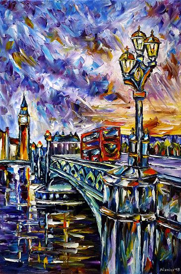 ömalerei,spachteltechnik,modern,Impressionismus,modernemalerei,london,big-ben,bus,doppeldecker,stadtlandschaft,laterne-am-abend,london-bridge,towerbridge,westminsterbridge