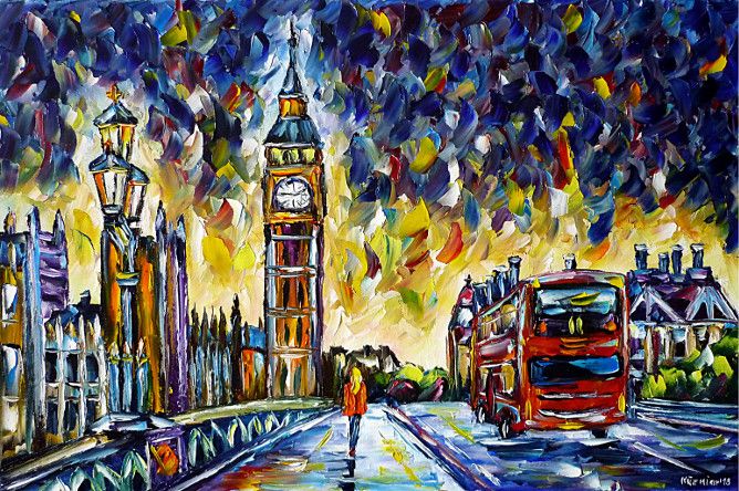 ömalerei,spachteltechnik,modern,Impressionismus,modernemalerei,westminsteramabend,frau,spazieren,london,big-ben,bus,doppeldecker,doubledecker,stadtlandschaft,laterne-am-abend,london-bridge,towerbridge,westminsterbridge