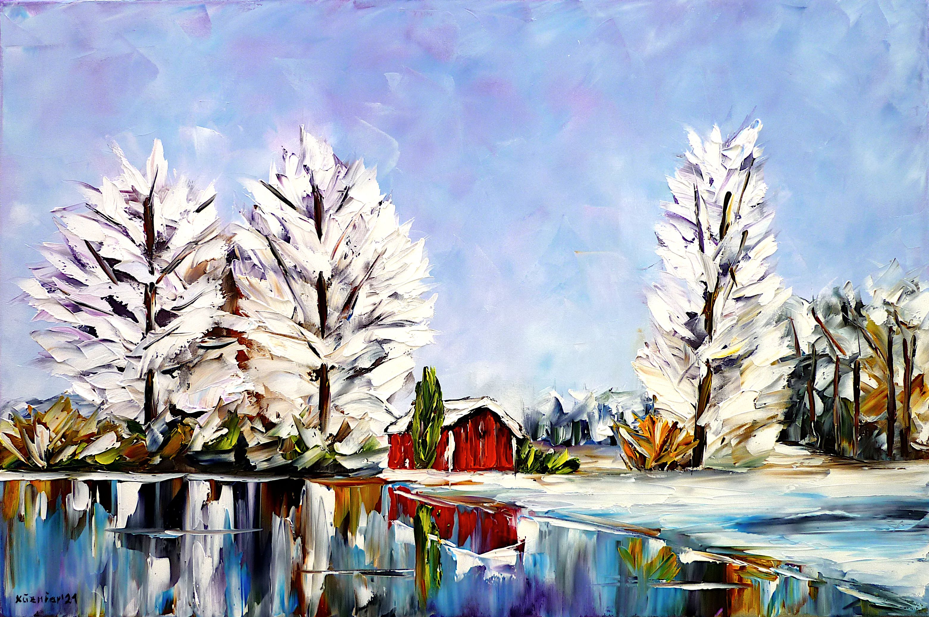 lakescape,lake in winter,house by the lake,red house,barn,red hut,wooden hut by the lake,water reflections,bright winter day,landscape picture,landscape painting,christmas mood,winter trees,white landscape,winter landscape,sunny winter day,winter and snow,snowy landscape,christmas feelings,winter beauty,winter sky,winter picture,winter painting,snowy trees,white winter,christmas time,winter love,white trees,palette knife oil painting,modern art,impressionism,abstract painting,lively colours,colorful painting,bright colors,light reflections,impasto painting,figurative