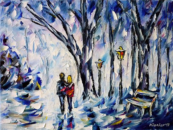 oilpainting, impressionism, winter, park, winterpark, walk, love, lovers, lovecouple, snow, white