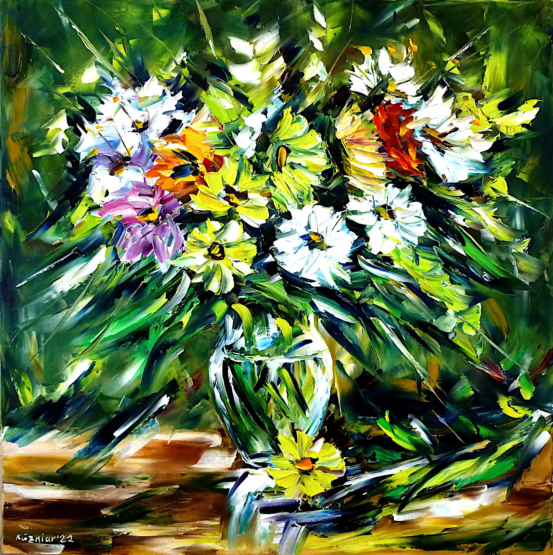 flower still life,Flowers in vase,flower painting,flower picture,winter flowers,beautiful bouquet,lucky flowers,happiness flowers,field flowers,sunday bouquet,garden flowers,white and yellow bouquet,white and yellow flowers,flower abstract,flower love,I love flowers,floristry,flowers of love,dining room picture,dining room painting,floral scent,flower beauty,square format,square picture,square painting,flower lovers,green colors,green painting,green picture,green tones,palette knife oil painting,modern art,impressionism,abstract painting,lively colors,colorful painting,bright colors,light reflections,impasto painting,figurative