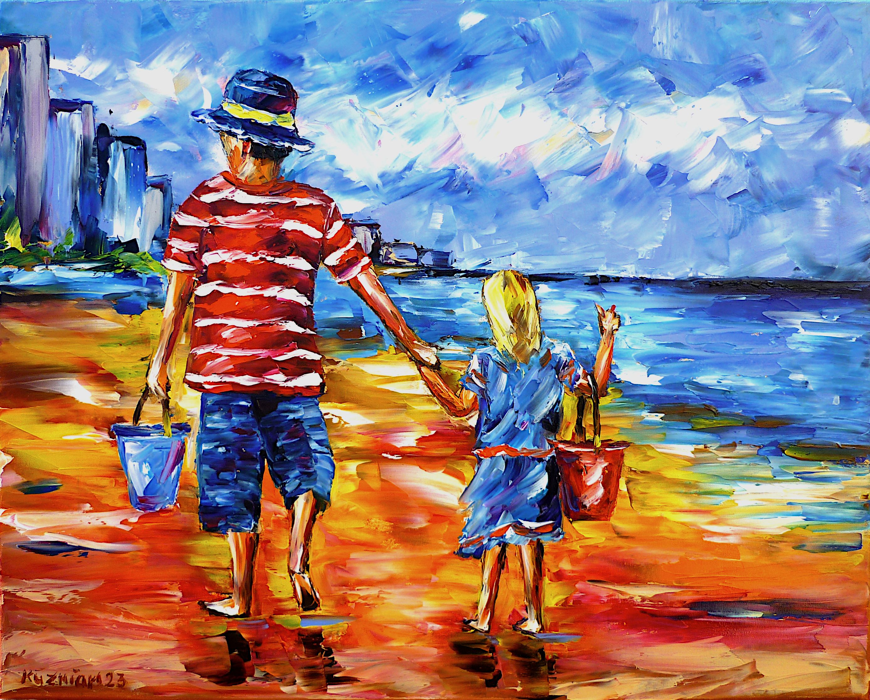 Children on the beach,children by the sea,big brother,little sister,siblings,children holding hands,walking hand in hand,beach scene,playing on the beach,children by the water,playing children,children life,children love,sister and brother,summer painting,children with plastic buckets,sibling love,brotherly love,great protector,great watchdog,walking on the beach,boy with hat,collecting shells,looking for shells,happiness,happy life,peaceful,children time,children days,children painting,red beach,children in summer,summer time,summer feelings,palette knife oil painting,modern art,figurative art,figurative painting,contemporary painting,abstract painting,lively colors,colorful painting,bright colors,impasto painting